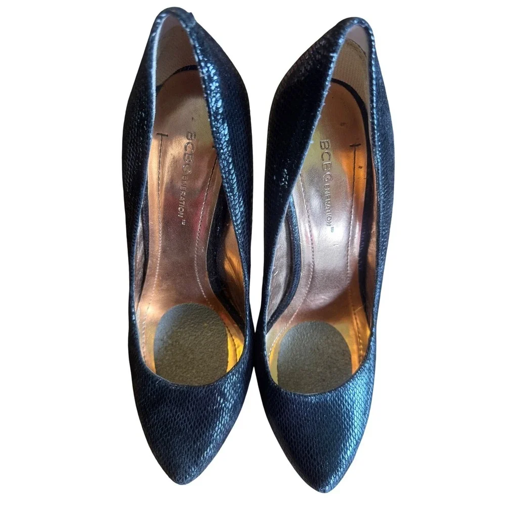 BCBGeneration BG-PARADE Black Snakeskin Embossed Leather Platform Pumps 8.5/38.5
